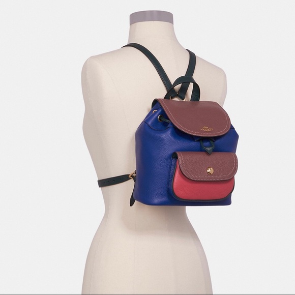 NWT COACH Pennie Refined Pebble Backpack 22 Colorblock Blue Burgundy Green Red - Picture 5 of 5